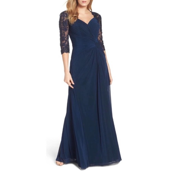 La Femme Ruched Twist lace sleeve column gown navy blue - 6 - Picture 1 of 13